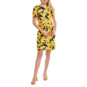 Trina Turk XL Short Sleeve Ponte Stretch Sheath Dress Yellow Tropical Floral New